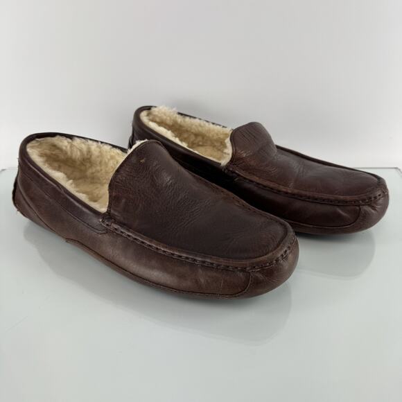 Ugg Australia Ascot Brown Leather Men's Loafer Casual Warm Shoes Size 13 Slipper - Picture 1 of 8